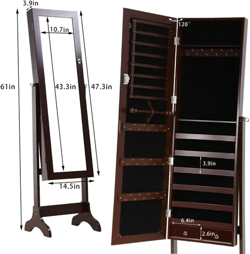 Vista 7 de FDW Armario de joyería de 61 pulgadas de alto con cerradura y 2 cajones 6 estantes espejo de 433 x 106 pulgadas organizador de joyas de alta