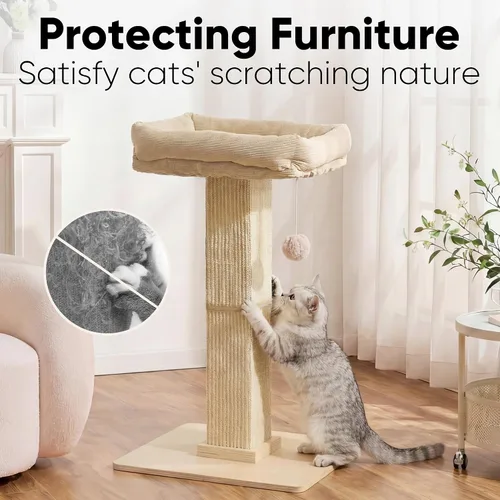 Vista 4 de FUKUMARU - Poste rascador para gatos, estilo moderno, alto, con percha para gatos de interior y adultos, torre rascador grande para gatos con cama