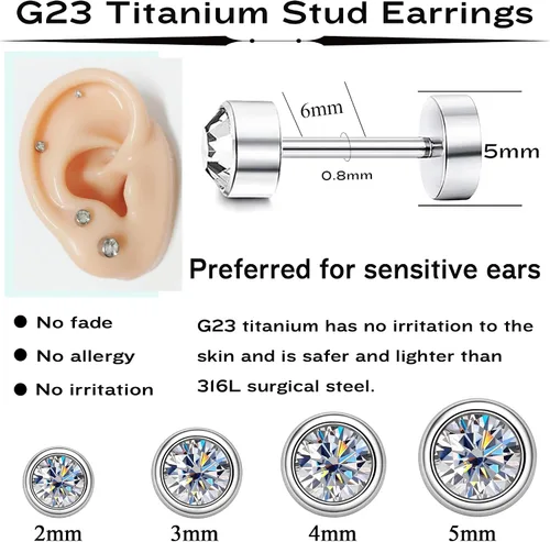 Vista 3 de MJust Juego de aretes de titanio para orejas sensibles, calibre 20, aretes de cartílago de titanio puro, bola de circonita cúbica G23