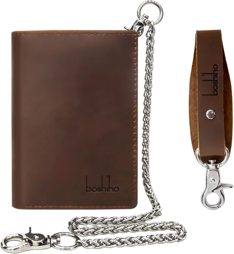 Vista 16 de boshiho Carteras de cuero auténtico con bloqueo RFID para hombre, billetera de doble pliegue con bolsillo para monedas con cremallera, con cadena