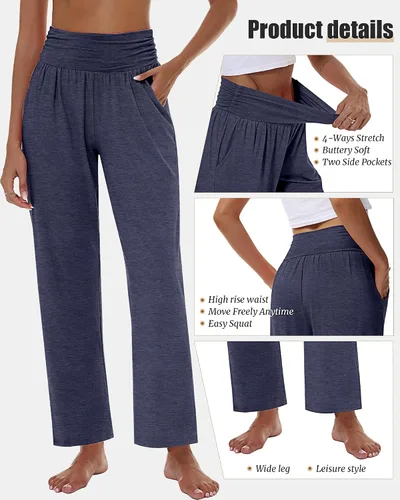 Vista 5 de 3 piezas de pantalones de yoga de pierna ancha para mujer, pantalones de descanso de cintura alta con bolsillos, pantalones deportivos de yoga