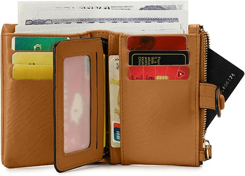 Vista 4 de Carteras pequeñas de triple pliegue para mujer, carteras Rfid para mujer, billeteras plegables de cuero para mujer, portatarjetas compactas