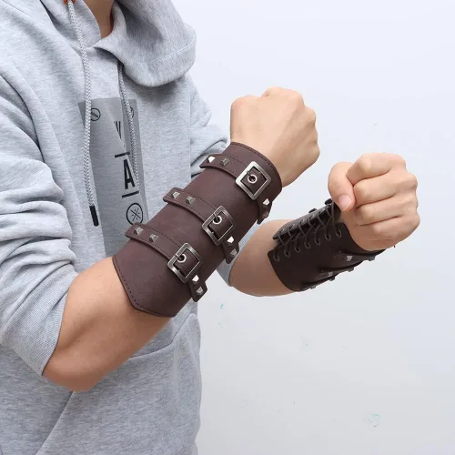 Vista 3 de Medieval Cosplay Gauntlet Wristband Armor Bracers Renaissance Costume Accessories Vintage Belt Pouch Viking Leather Arm Guard
