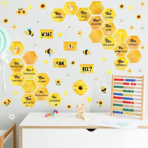 Vista 2 de OLMIXA Calcomanías de pared de miel de abeja de acuarela, cita inspiradora "What I Can Bee", calcomanías de vinilo con frase positiva de verano