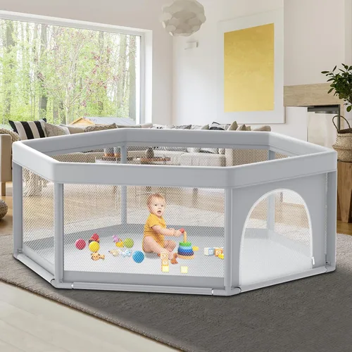 Vista 9 de Fshibila Corralito para bebés con alfombra, corralitos para bebés y niños pequeños, corralito de juego BabyFence para interiores y exteriores, patio