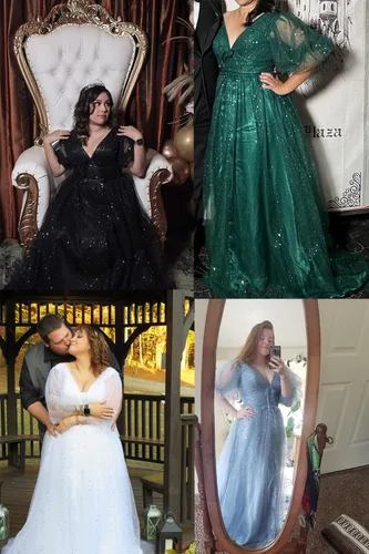 Vista 5 de Xijun - Vestidos de tul estrellado brillante para mujer, acampanados, con manga abombada y abertura, de estilo formal, para graduación, eventos