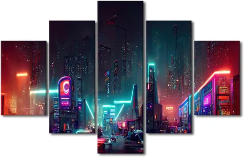 Vista 92 de Póster de 5 paneles en lienzo para decoración de pared, diseño de centro urbano Cyberpunk, impresión moderna, decoración de pared para el hogar