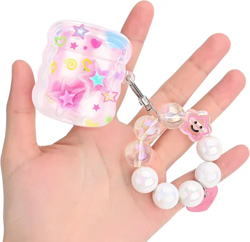 Vista 2 de Bonita funda para AirPods con colgante de amor, llavero de cuentas redondas coloridas, diseño de estrellas 3D con purpurina, funda protectora suave