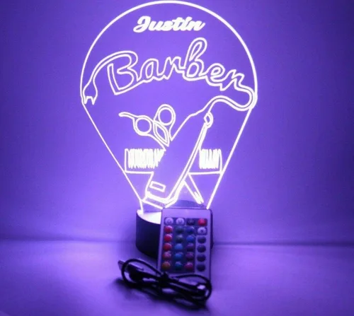 Vista 9 de Barbería peluquería corte peine silla tijeras afeitado hombres noche luz LED grabado personalizado nombre personalizado escritorio lámpara de mesa