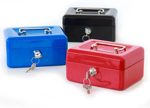Vista 8 de Decaller - Caja de dinero pequeña con cerradura de llave, caja de dinero de metal portátil con doble capa y 2 llaves para seguridad, negro, 6 x 4