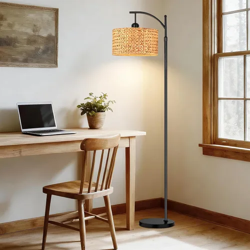 Vista 6 de QIYIZM Lámpara de pie para sala de estar, dormitorio, estilo granja, arco, ratán, boho, lámpara de pie con control remoto regulable, pantalla