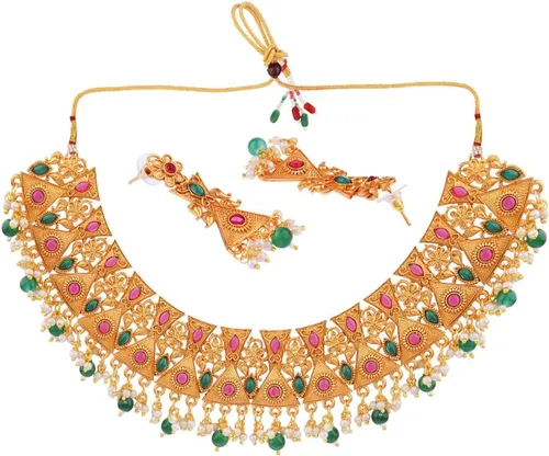 Vista 5 de Efulgenz Indian Wedding Jewelry for Women Antique Gold Tone Pink Choker Necklace Set Faux Pearl Drop Dangle Earrings Faux Kundan Bridal Set Indian