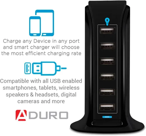 Vista 3 de Aduro - Estación de carga de 6 puertos USB 40W de escritorio, para iPhone, iPad, tabletas y smartphones con Smart Flow