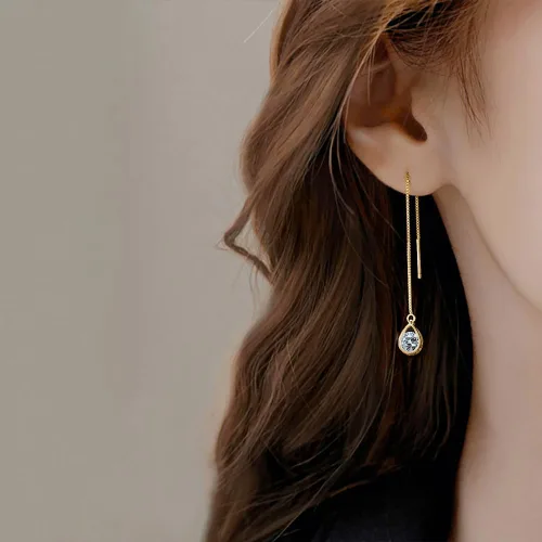 Vista 2 de Reffeer Solid 925 Sterling Silver CZ Droplet Chain Dangle Earrings for Women Girls Crystal Dangle Earrings Threader Tassel