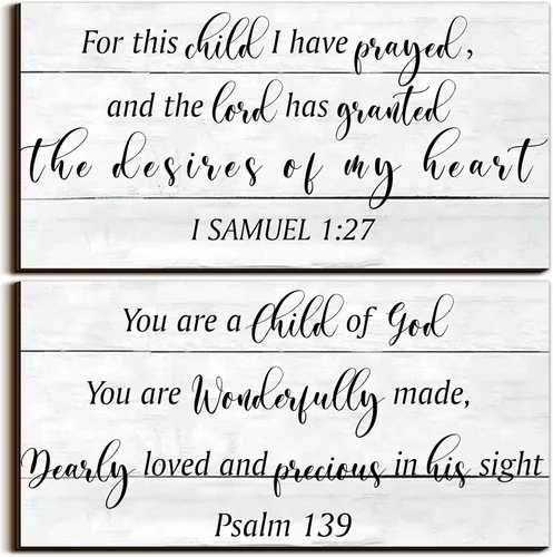 Vista 8 de Yookeer 2 piezas de arte de pared de madera para habitación de bebé, decoración de pared con texto en inglés "This Child I Have Prayed", letrero