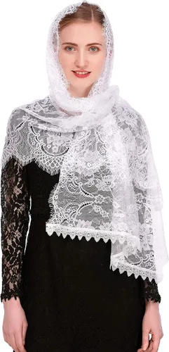 Vista 3 de PAMOR Velo de capilla rectangular de encaje español velos florales de Mantilla envolvente chal de masa cubierta de cabeza