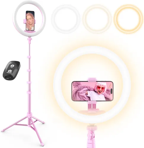 Vista 8 de UBeesize - Anillo de luz para selfies de 12" con soporte de trípode extensible de 62" y control remoto, luz LED circular con soporte para teléfono