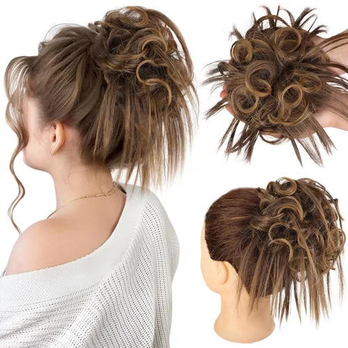 Vista 16 de HMD - Extensiones de cabello tipo chongo alborotado con rodelo despeinado, banda elástica de goma, extensiones de cabello sintético para mujer