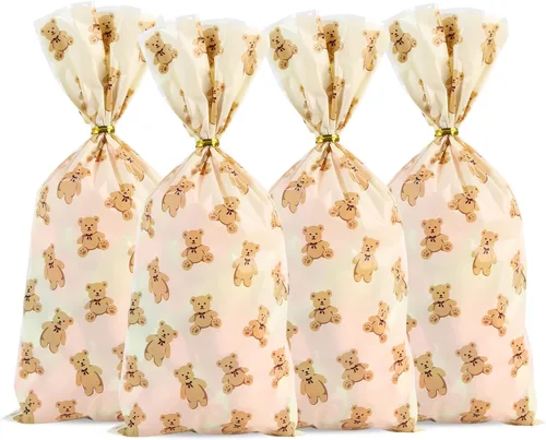 Vista 13 de 100 bolsas de celofán, bolsas de celofán transparente impresas con estrellas doradas de 3 x 5 pulgadas, 100 lazos giratorios, para envolver regalos