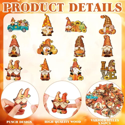 Vista 3 de FairySandy 36 piezas de decoración y adornos de árbol de otoño, gnomos de Acción de Gracias, adornos colgantes de madera, calabazas, hojas, flores