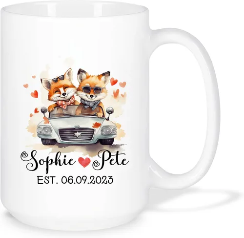 Vista 19 de Taza de café personalizada con diseño de zorro de 11 onzas, 15 onzas, divertida taza de viaje para pareja de zorros, taza de té con nombre y fecha