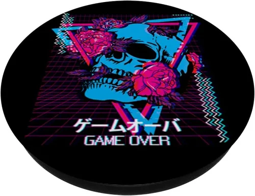 Vista 2 de Calavera y rosas Game Over Synthwave Vaporwave estético gótico PopSockets PopGrip intercambiable