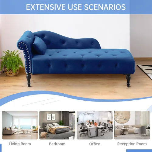 Vista 6 de Chaise Lounge - Silla de terciopelo para interiores con almohada, con botones copetudos, brazo derecho, con ribete de cabeza de clavos y patas Azul
