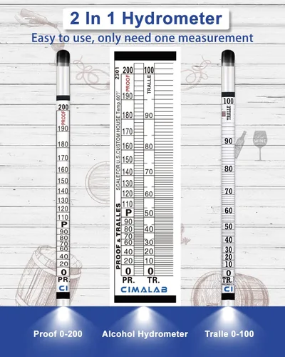 Vista 6 de CIMALAB Kit de medidor de alcohol hidrómetro, hidrómetro de alcohol 0-200 a prueba y Tralle con tarro de prueba de hidrómetro, probador de alcohol a