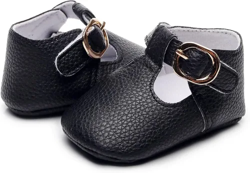 Vista 4 de HONGTEYA Mary Janes - Zapatos planos de piel sintética antideslizante con suela suave para bebés recién nacidos, zapatos de cuna para boda, fiesta