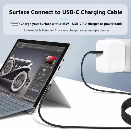 Vista 10 de Sisyphy Cable de carga Surface Connect a USB C para Microsoft Surface Pro 6ft Nylon Braided, USB-C Charger Cord for Surface Pro 12/11/10/7/6/5/4/3