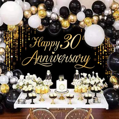 Vista 2 de Pancarta de Feliz 30º Aniversario - Póster de Fotografía Negro Dorado para Decoración de Bodas y Fiestas de Cumpleaños
