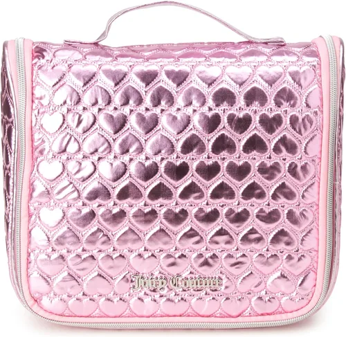Vista 4 de Juicy Couture Bolsa de maquillaje rosa Organizador de cosméticos Esenciales de viaje Gancho colgante brillante corazón acolchado