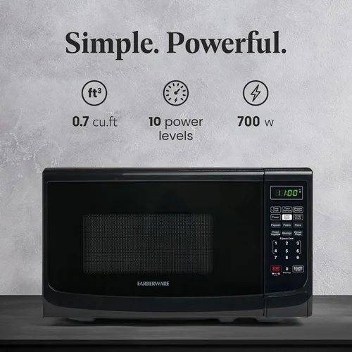 Vista 2 de Farberware Horno microondas de encimera de 0.7 pies cúbicos, 700 vatios de potencia, configuración de cocción automática, descongelación, fácil Negro