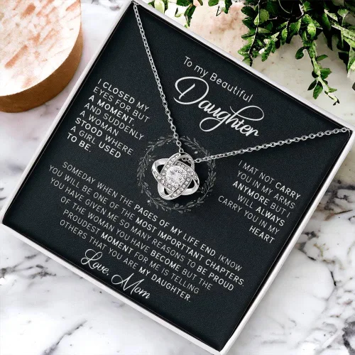Vista 6 de John-dhh Collar con texto en inglés "To My Beautiful Daughter", regalo de mamá a hija, collar de nudo de amor, regalo de graduación, regalo