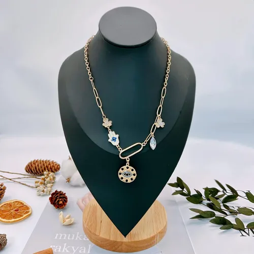 Vista 3 de Collar de cadena de clip de papel con encanto de estilo boho chapado en oro para mujer, hecho a mano, con ojo malvado, sol, luna, estrella, flor