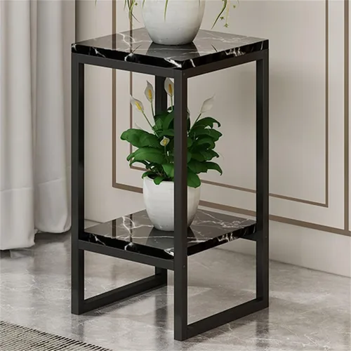 Vista 20 de Mesa cuadrada simple de madera de varios niveles con estante de almacenamiento, soporte para maceta de hierro forjado para sala de estar en Negro