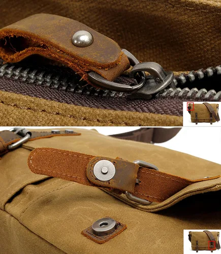 Vista 6 de HuaChen Mens Messenger Bag, Vintage Genuine Leather Waxed Canvas Shoulder Bag for 14" Laptop,Rugged Briefcase Satchel