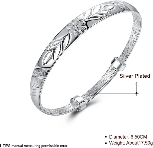 Vista 2 de Yuren Pulsera de plata de ley 925 tallada con flor de fu, 0.62 oz, peso 2.6 in, para regalo de boda