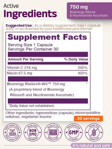 Vista 7 de Suplemento NAD+ con RiaGev®-WS™ - 750 mg de ribosa + complejo de ascorbato de nicotinamida - 30 cápsulas - Energía mitocondrial, envejecimiento