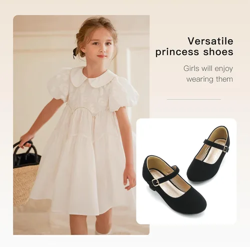 Vista 5 de Dufannie Zapatos de vestir para niñas, zapatos de tacón bajo de princesa, zapatos planos con purpurina para bodas y fiestas