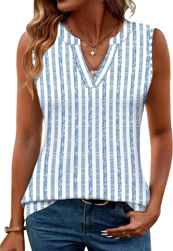 Vista 23 de Romanstii Camisas sin mangas para mujer, estilo casual, de verano, cuello en V, blusas elegantes, túnica