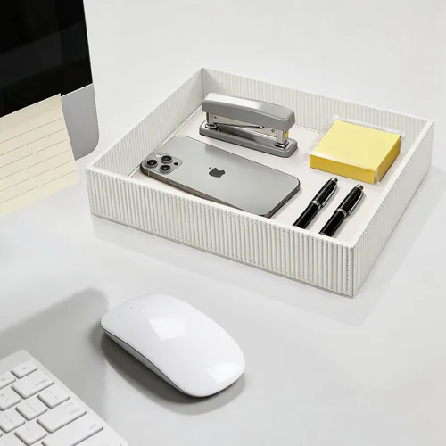 Vista 5 de SITHON Bandeja de valet organizador de escritorio de cuero PU Catchall Rayas Blanco Perla