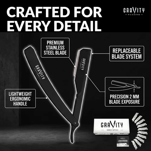 Vista 3 de Kit de afeitado manual GRAVITY RAZORS Profesional – Exposición Ultra, Incluye 10 Hojas Premium, 2mm Expuestas, Negro Mate Professional