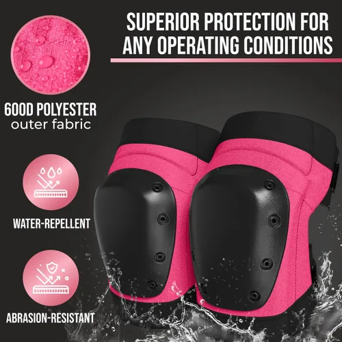 Vista 6 de PRO - Rodilleras estilo constructor para mujer con 3 niveles de protección, rosa, 1 par, tapa de plástico de soporte plano y cierres ajustables