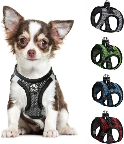 Vista 11 de Arnés suave para perro pequeño, extra pequeño, arnés de malla para cachorros, arnés ajustable reflectante sin tirones para perros pequeños y gatos