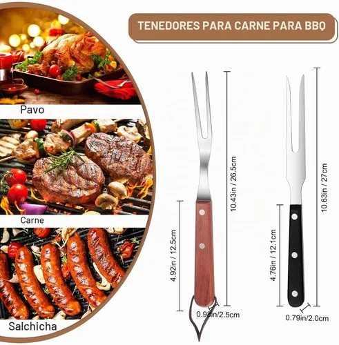 Vista 2 de 2 tenedores de carne de acero inoxidable con mango de madera para cocinar, barbacoa, parrilla, herramienta de carne para cocina, barbacoa, servir