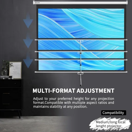 Vista 8 de WASJOYE Pantalla de proyector de 84 pulgadas manual desplegable – Pantalla de proyección retráctil HD 16:9 con bloqueo automático – Pantalla