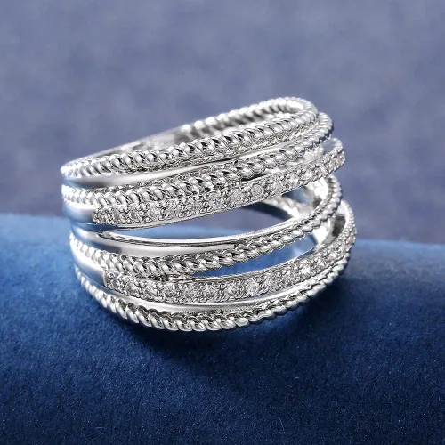 Vista 2 de Anillo de plata de ley 925 con circonita cúbica, anillo de múltiples filas, anillo de compromiso de eternidad, anillo de boda para mujer
