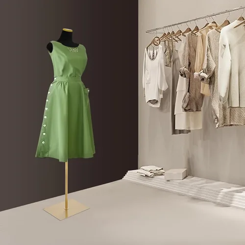 Vista 6 de Forma de vestido de maniquí femenino con base de metal dorado, formas de vestido de moda para mujer, tela de gamuza, modelo de maniquí femenino