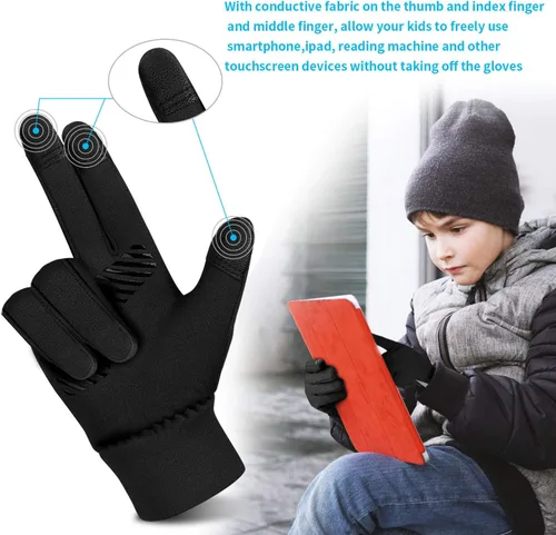 Vista 4 de Guantes de invierno para niños, resistentes al agua, con forro suave, para pantalla táctil, para niños y niñas, de 3 a 15 años, color negro